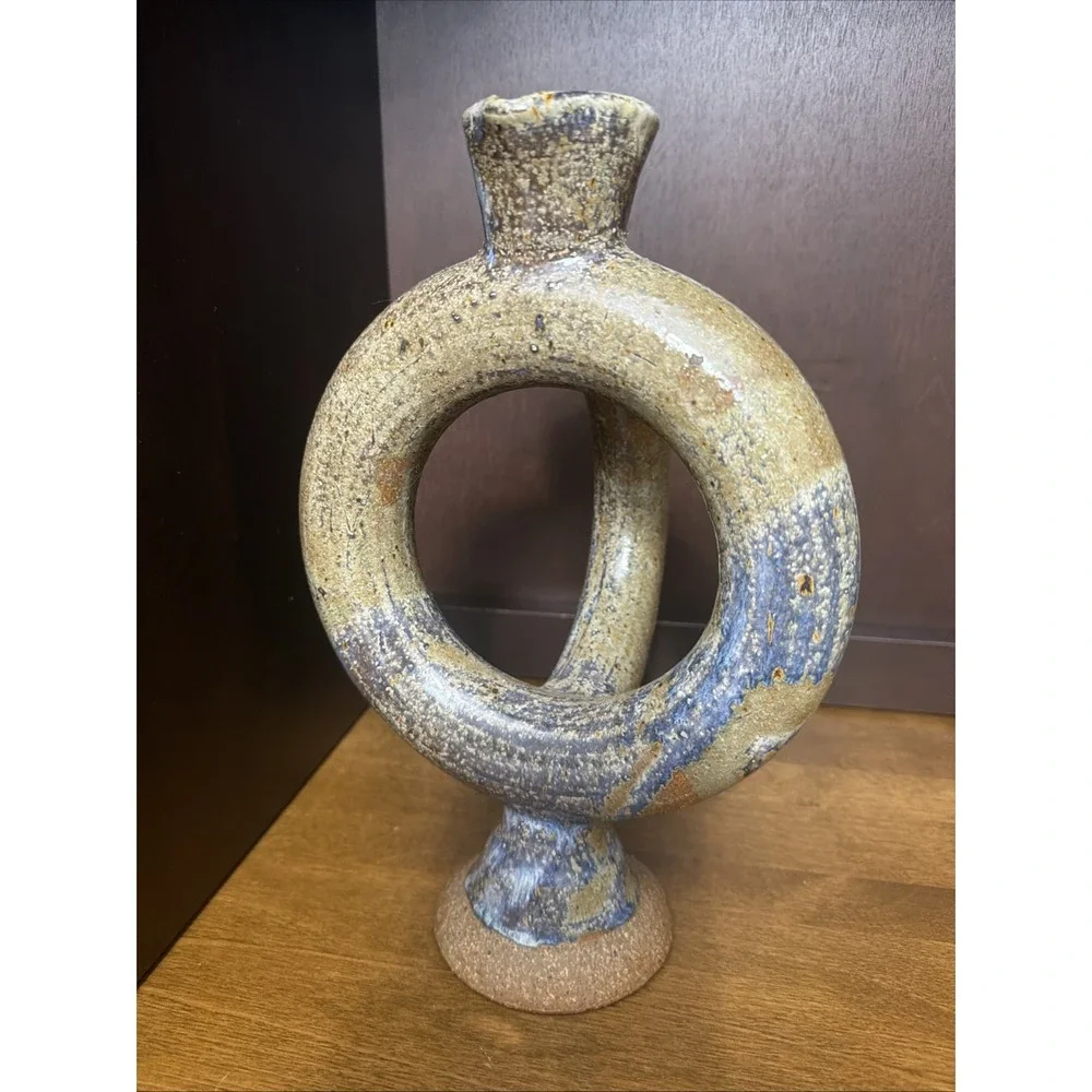 Studio Art Pottery Ring Loop Vase Pitcher Hand Thrown 10.25